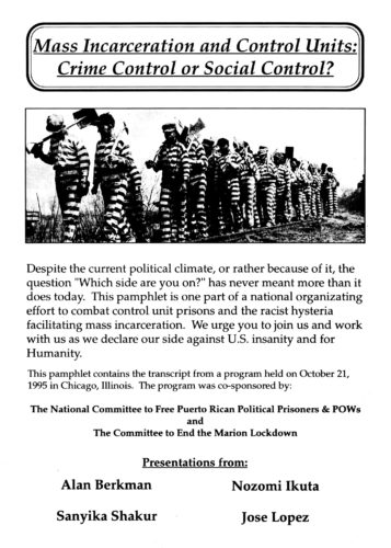 Cover of the pamphlet with photo of chain gang male prisoners chained together doing road repair