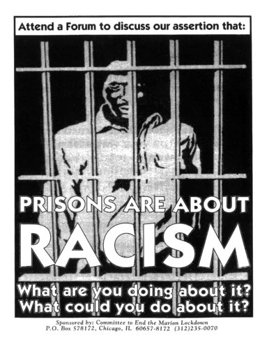Black and white poster with illustration of a Black prisoner behind bars