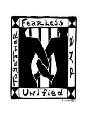 CCWP logo - two women with interlocking arms through prison bars with the words Together Fearless and Unified