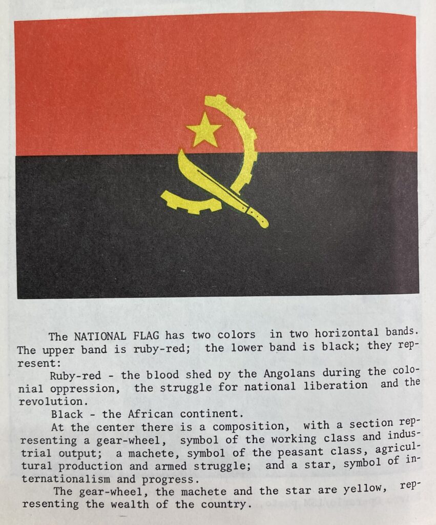 Image of the Angolan flag with information about the meaning of the colors